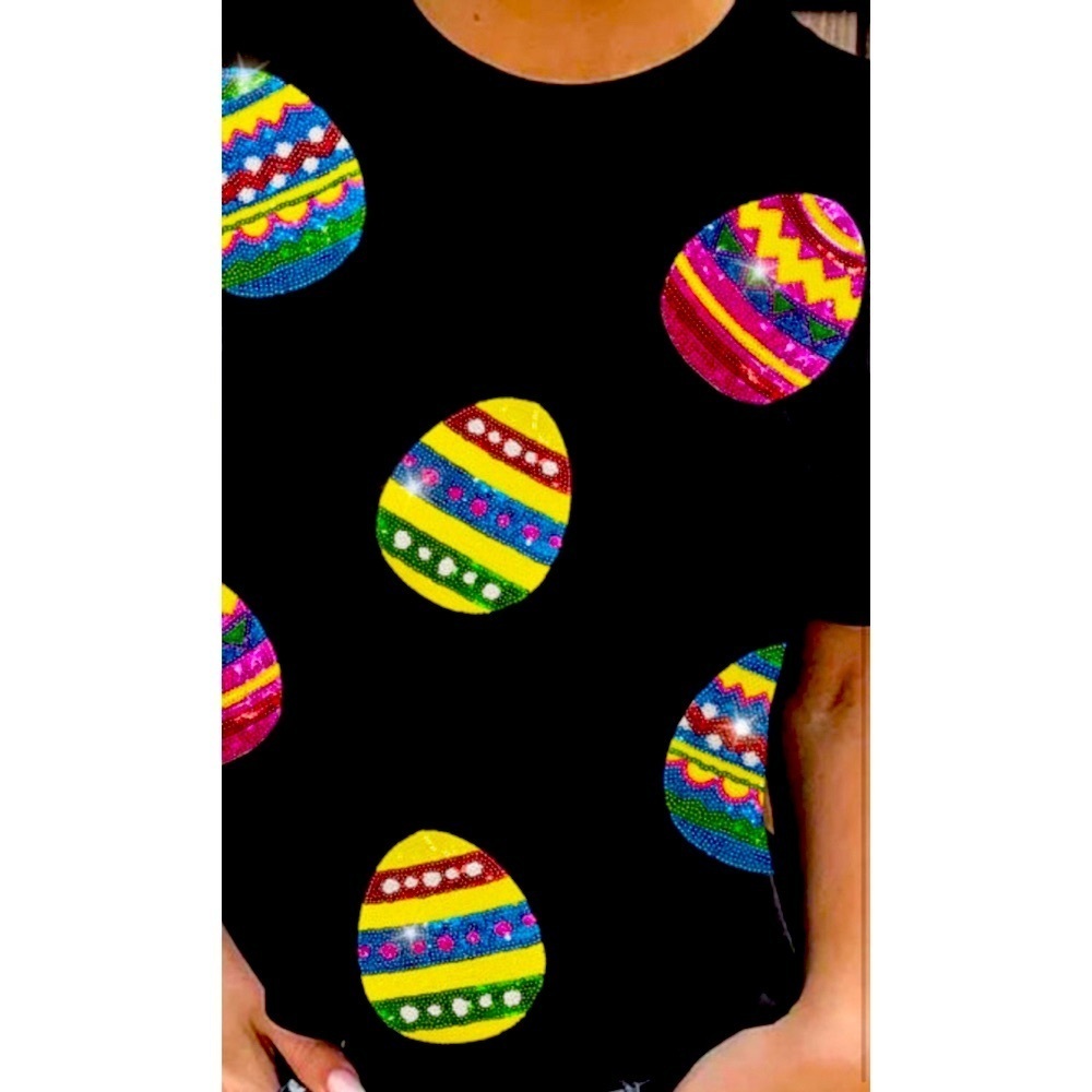 Easter Black T-Shirt Embellished with Colorful Sequin Easter Eggs - Picture 2 of 5